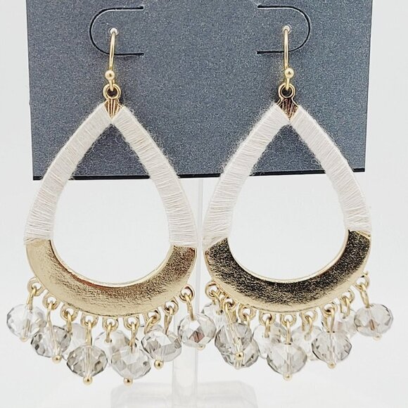 Massini Drop Dangle Teardrop Earrings Thread Wrapped Gray Crystals Gold Tone NEW - Picture 3 of 4